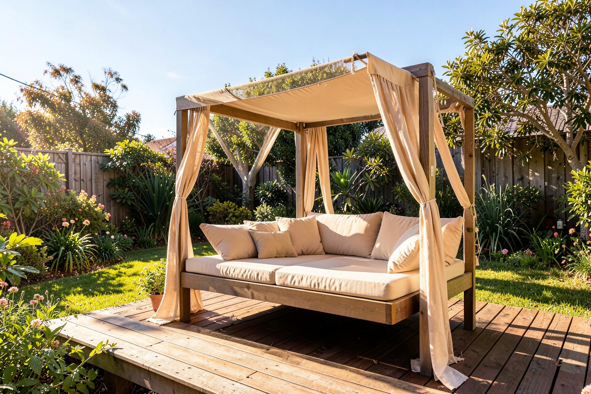 Outdoor daybed with canopy in a sunny spring garden