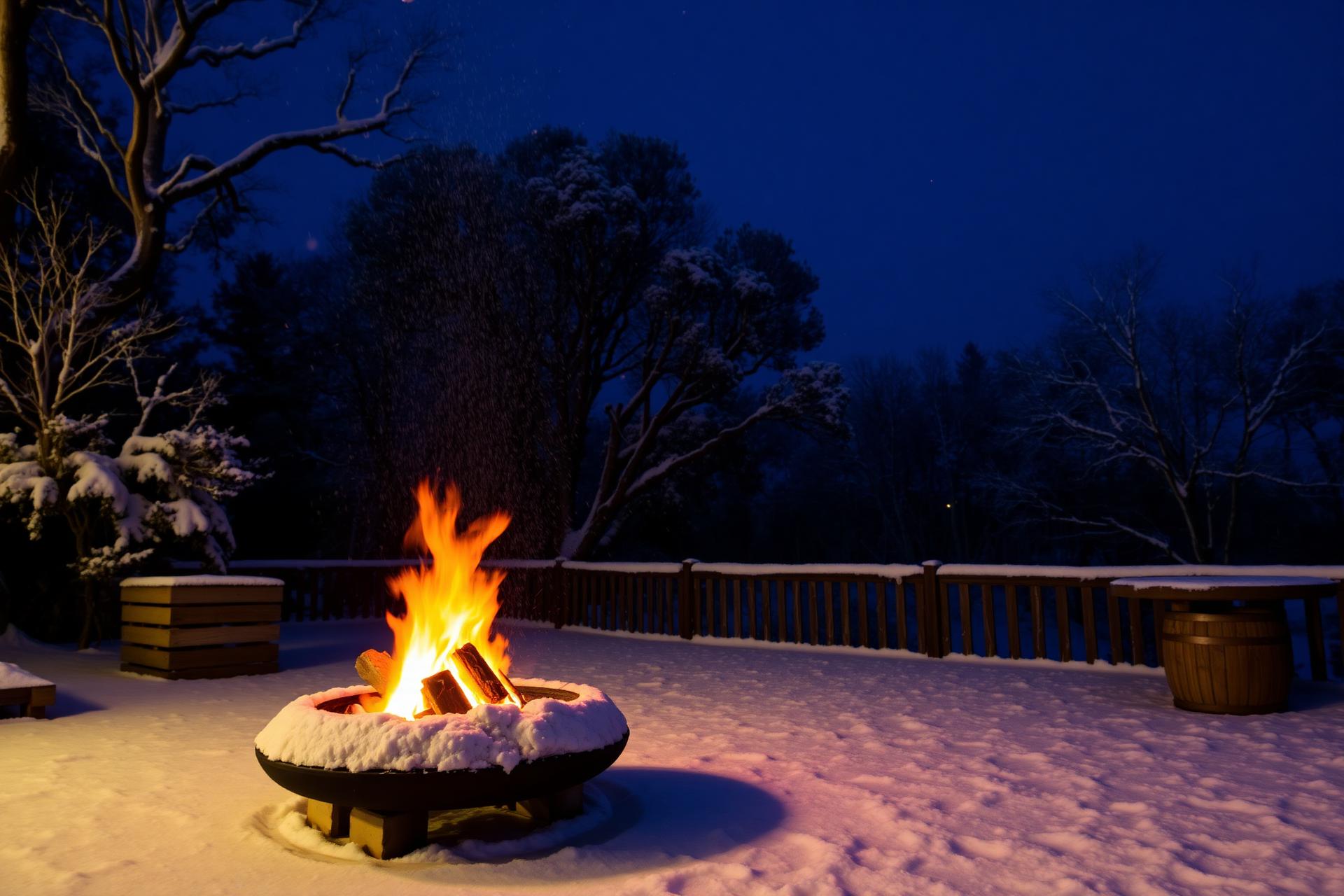 Snowy backyard with glowing fire pit